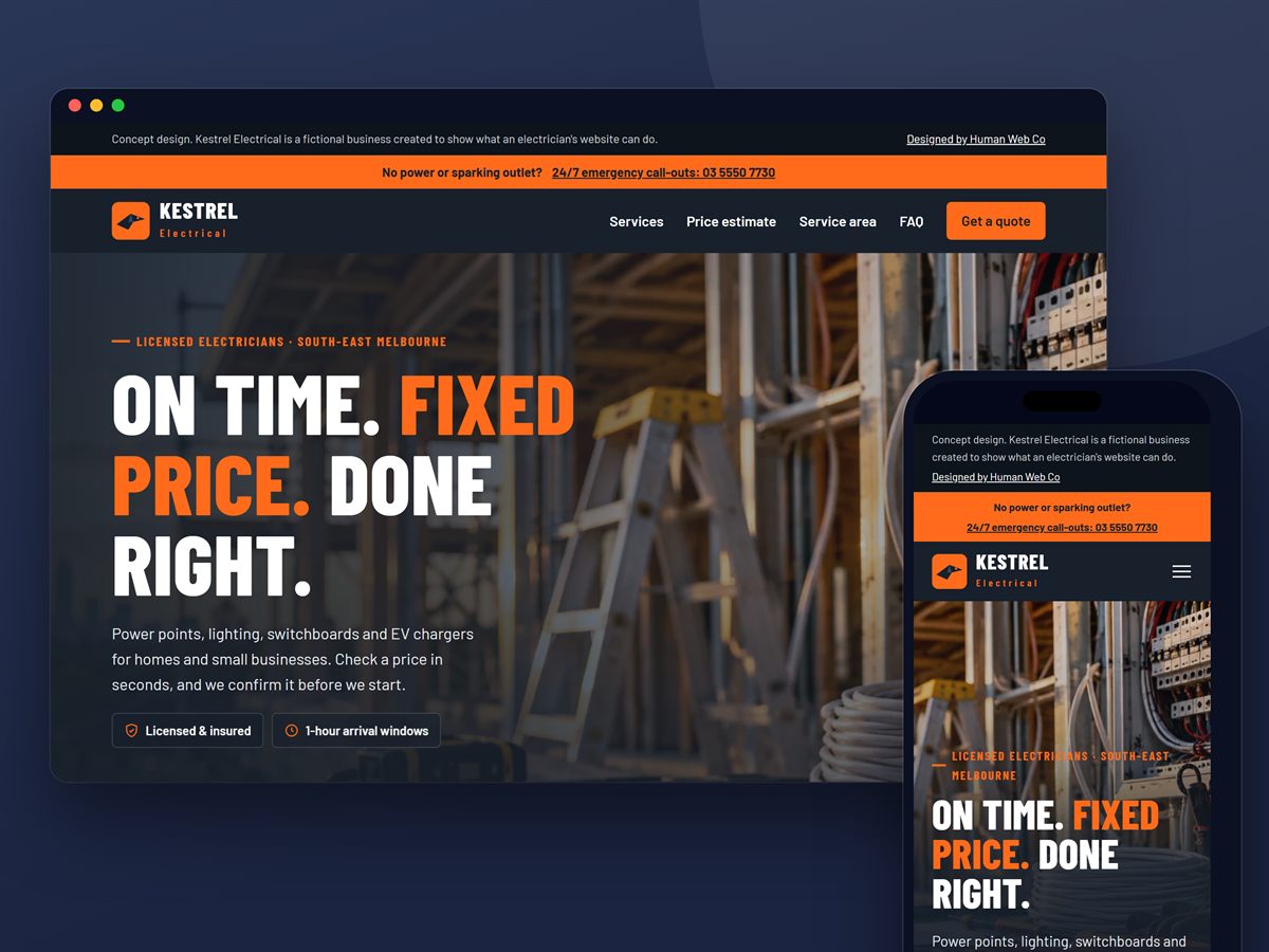 Kestrel Electrical concept homepage shown in a browser and on a phone