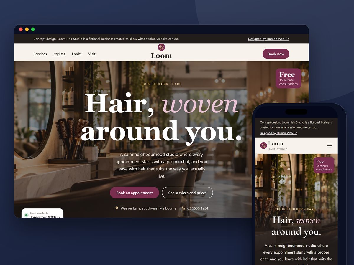 Loom Hair Studio concept homepage shown in a browser and on a phone