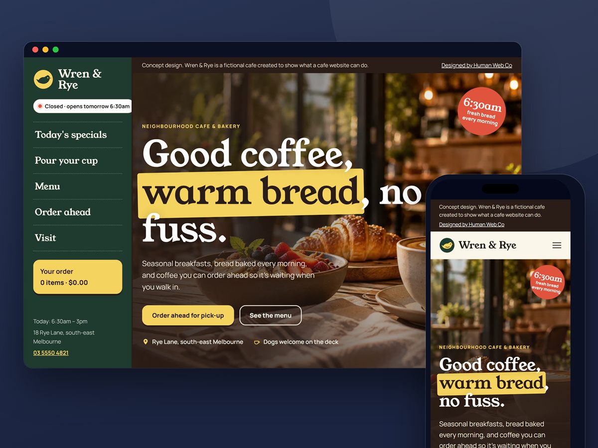Wren and Rye cafe concept homepage shown in a browser and on a phone